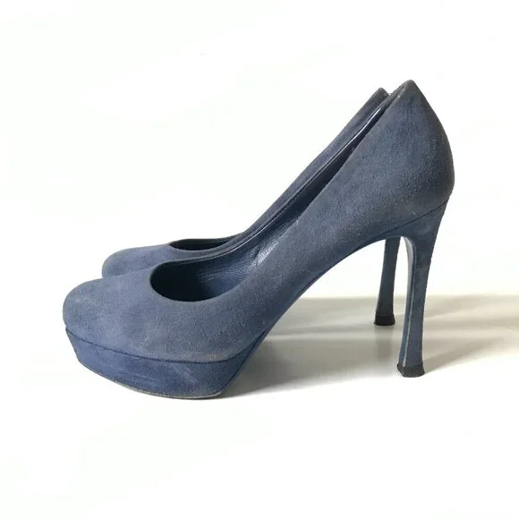 YSL Palais Platform Heels Pumps Womens 37.5 7.5 Blue Suede Yves Saint Laurent - Picture 5 of 7